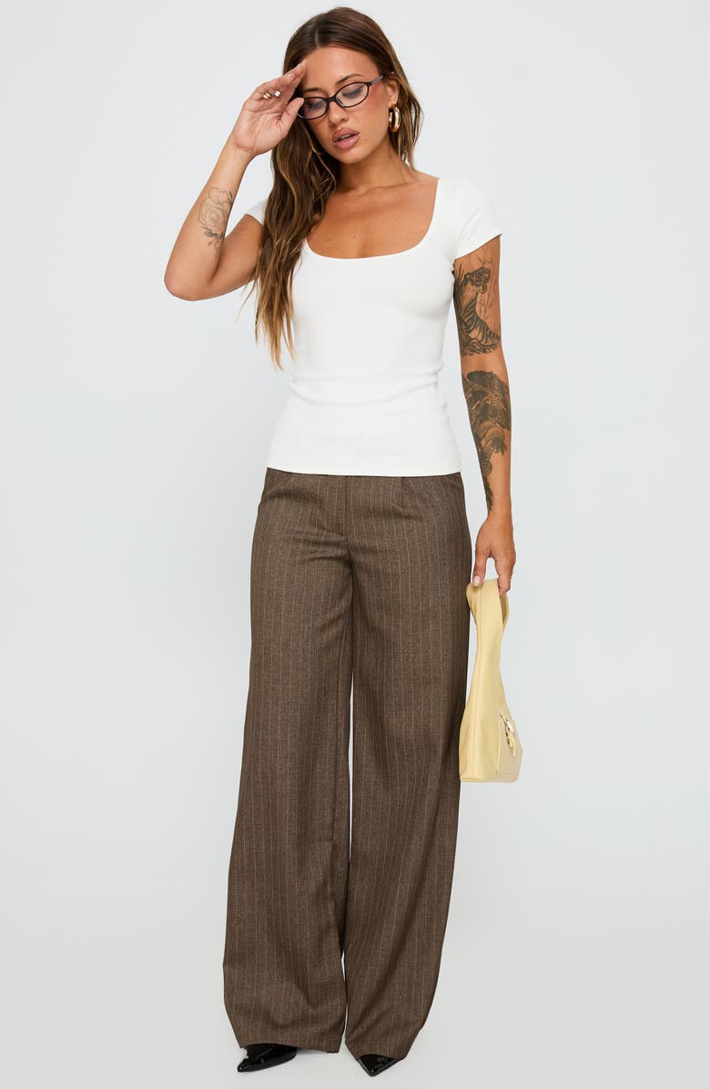 Princess Polly Broadcast Pinstripe Low Rise Wide Leg Pants, Alternate, color, Beige Pinstripe