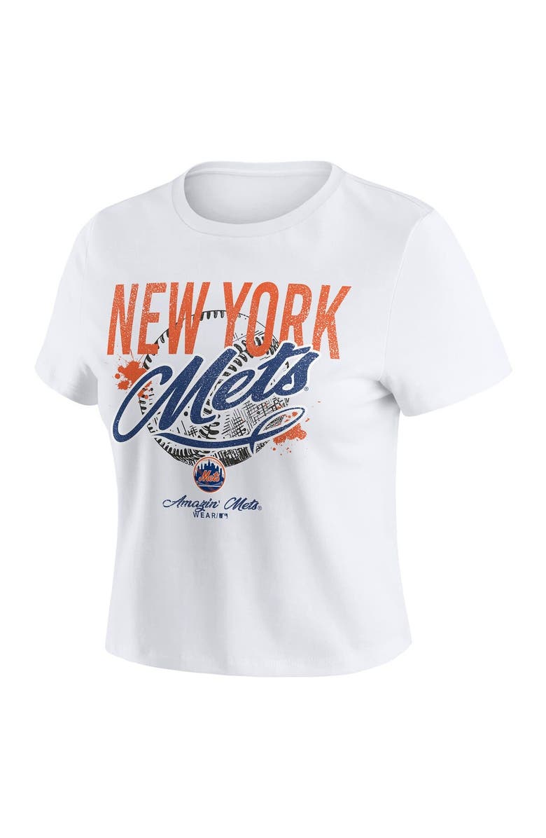 WEAR by Erin Andrews Women's WEAR by Erin Andrews  White New York Mets Distressed Cropped Baby T-Shirt, Alternate, color, 