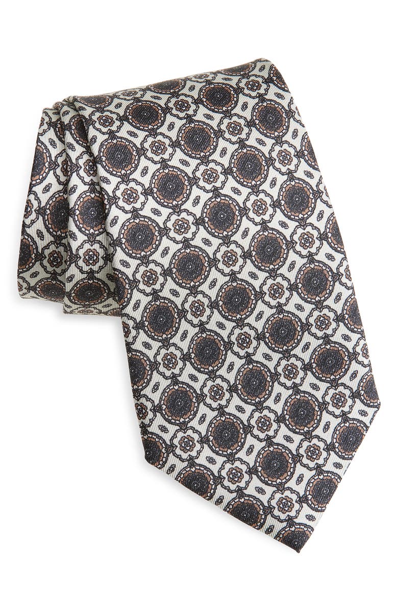 Jack Victor Cromwell Medallion Print Silk Tie, Main, color, Ecru