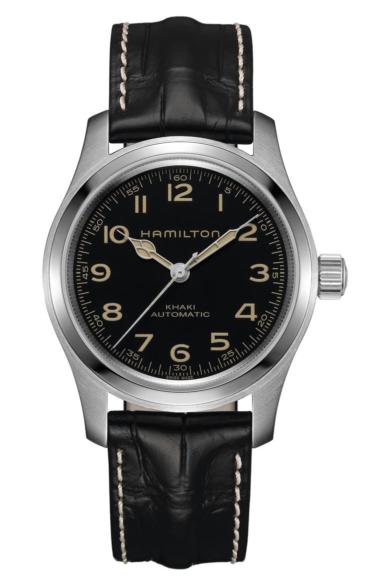 Khaki Field Automatic Leather Strap Watch, 42mm, Main, color, BLACK