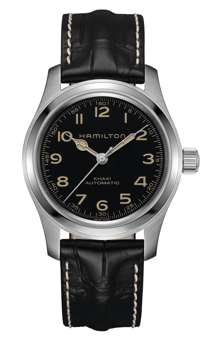 Hamilton Khaki Field Automatic Leather Strap Watch, 42mm, Main, color, Black
