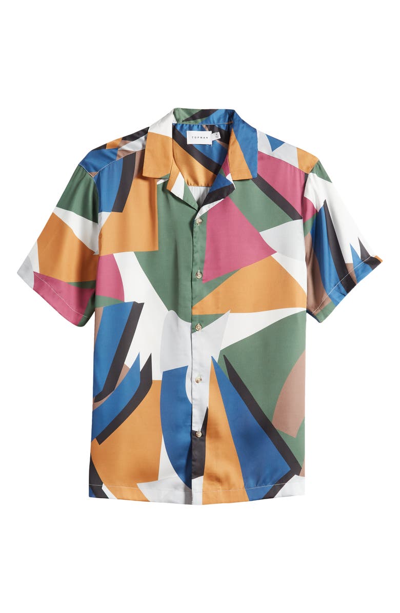Topman Retro Print Short Sleeve Satin Button-Up Shirt, Main, color,