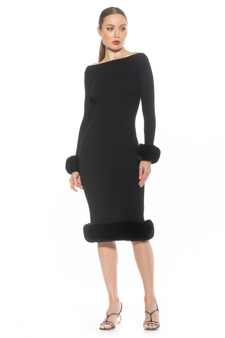 Selena Faux Fur Trim Body-Con Sweater Dress, Alternate, color, BLACK