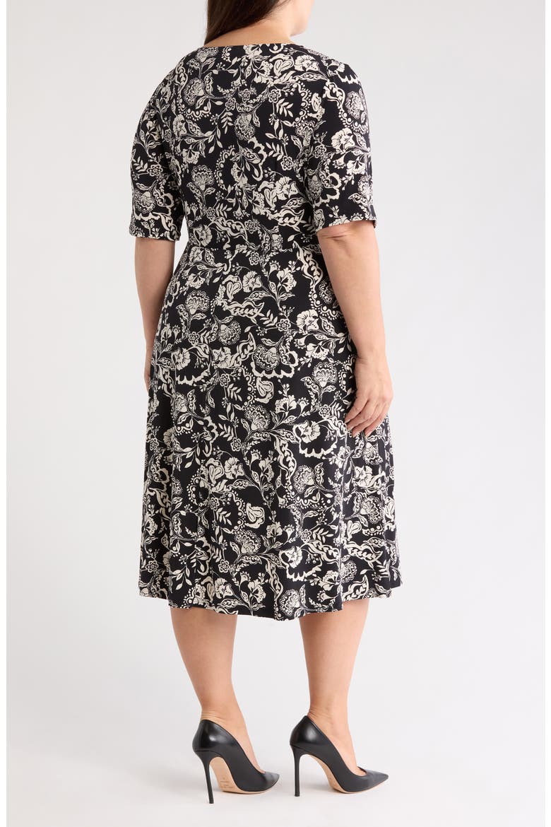 Floral Elbow Sleeve Side Tie Fit & Flare Midi Dress, Alternate, color, BLACK/ CREAM