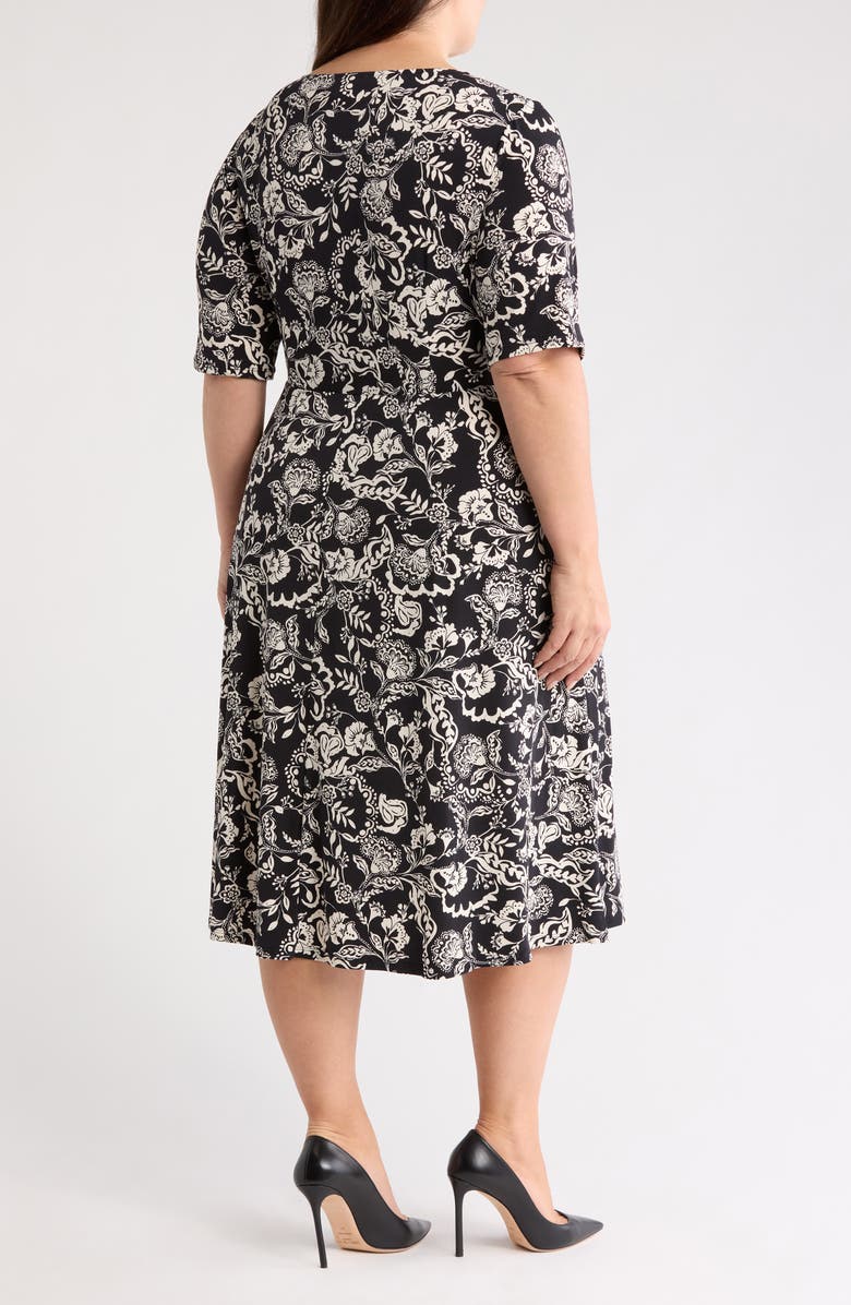 London Times Floral Elbow Sleeve Side Tie Fit & Flare Midi Dress, Alternate, color, Black/ Cream