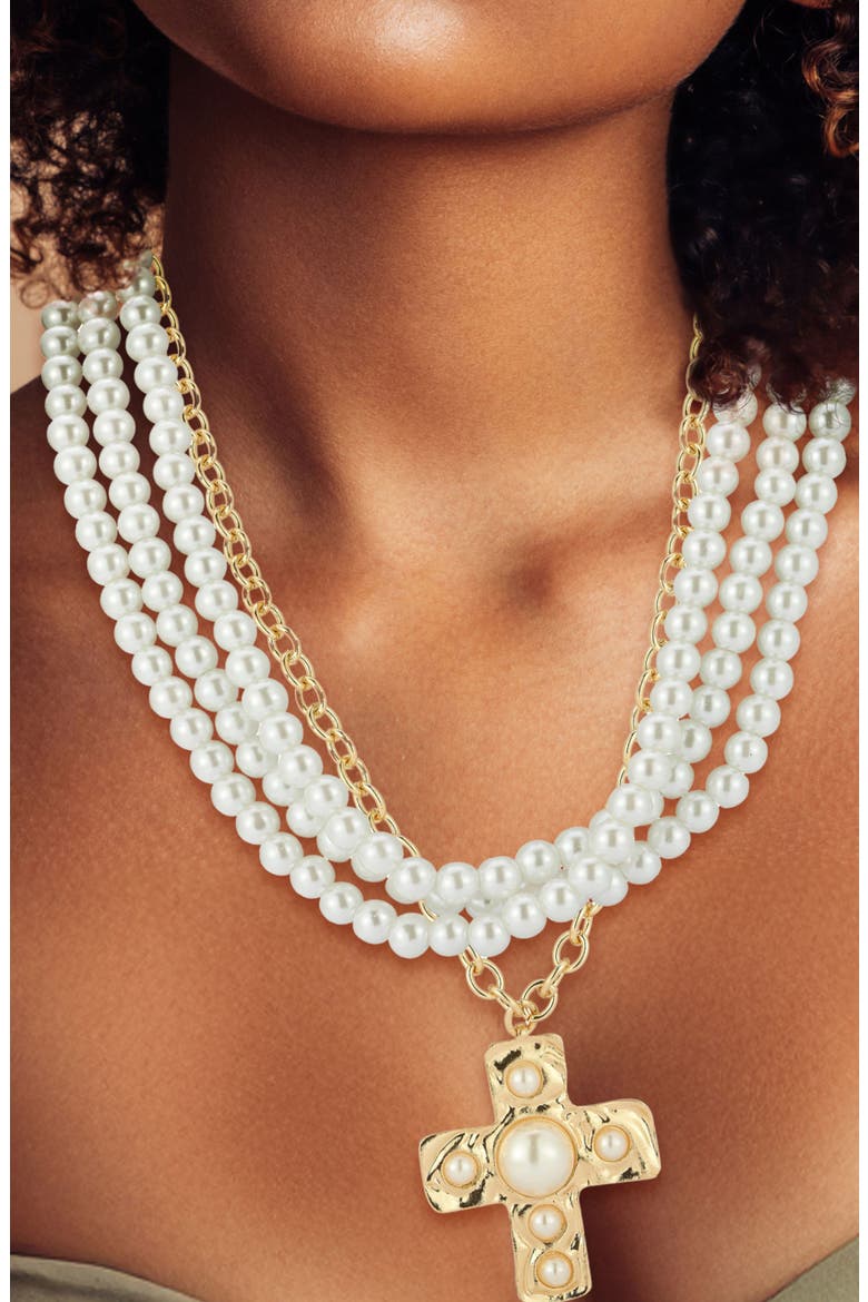 Set of 2 Faux Pearl Cross Pendant Layered Necklaces, Alternate, color, GOLD