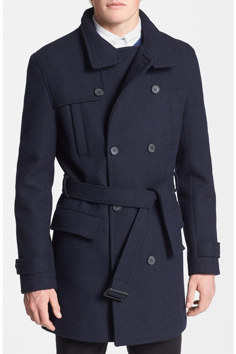 Double Breasted Wool Blend Trench Coat, Main, color, NAVY