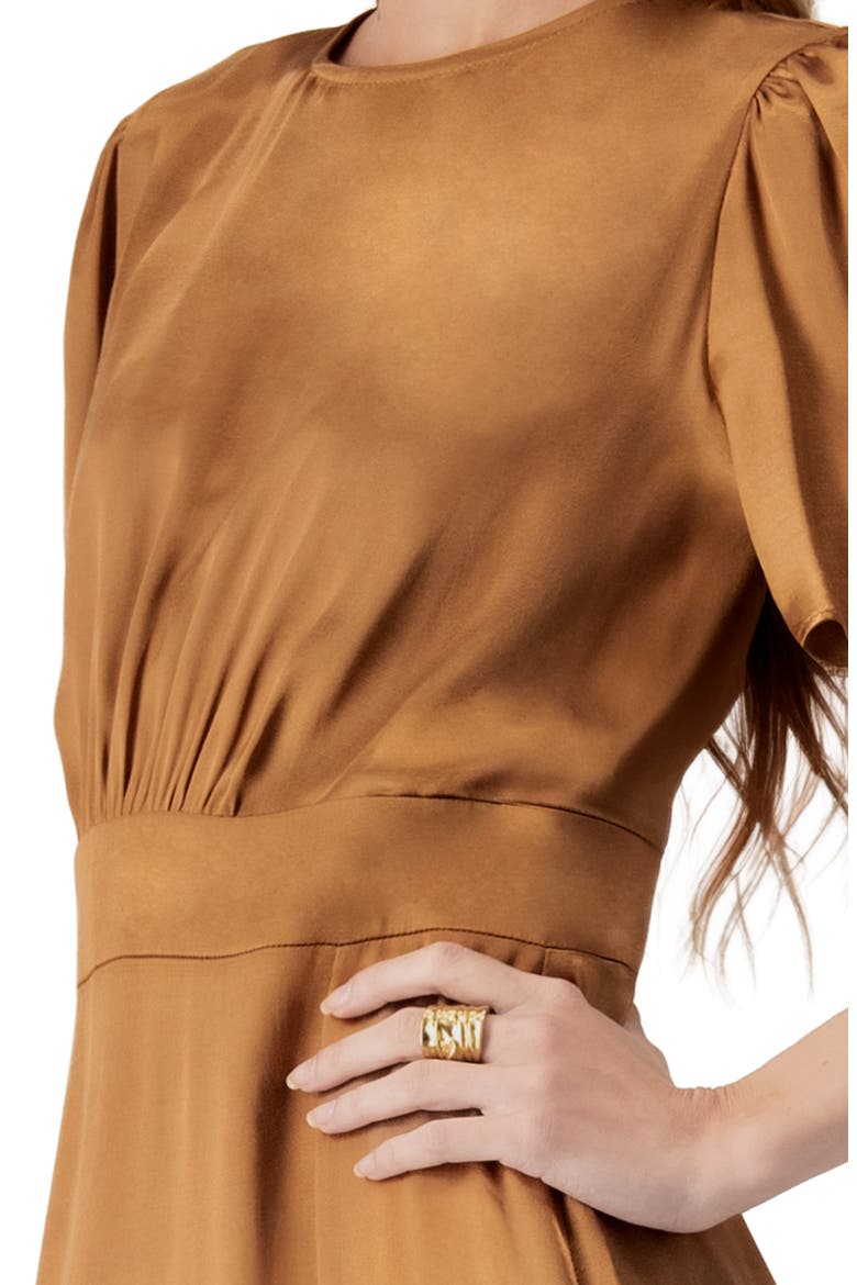 Short Sleeve Satin Midi Dress, Alternate, color, Brown