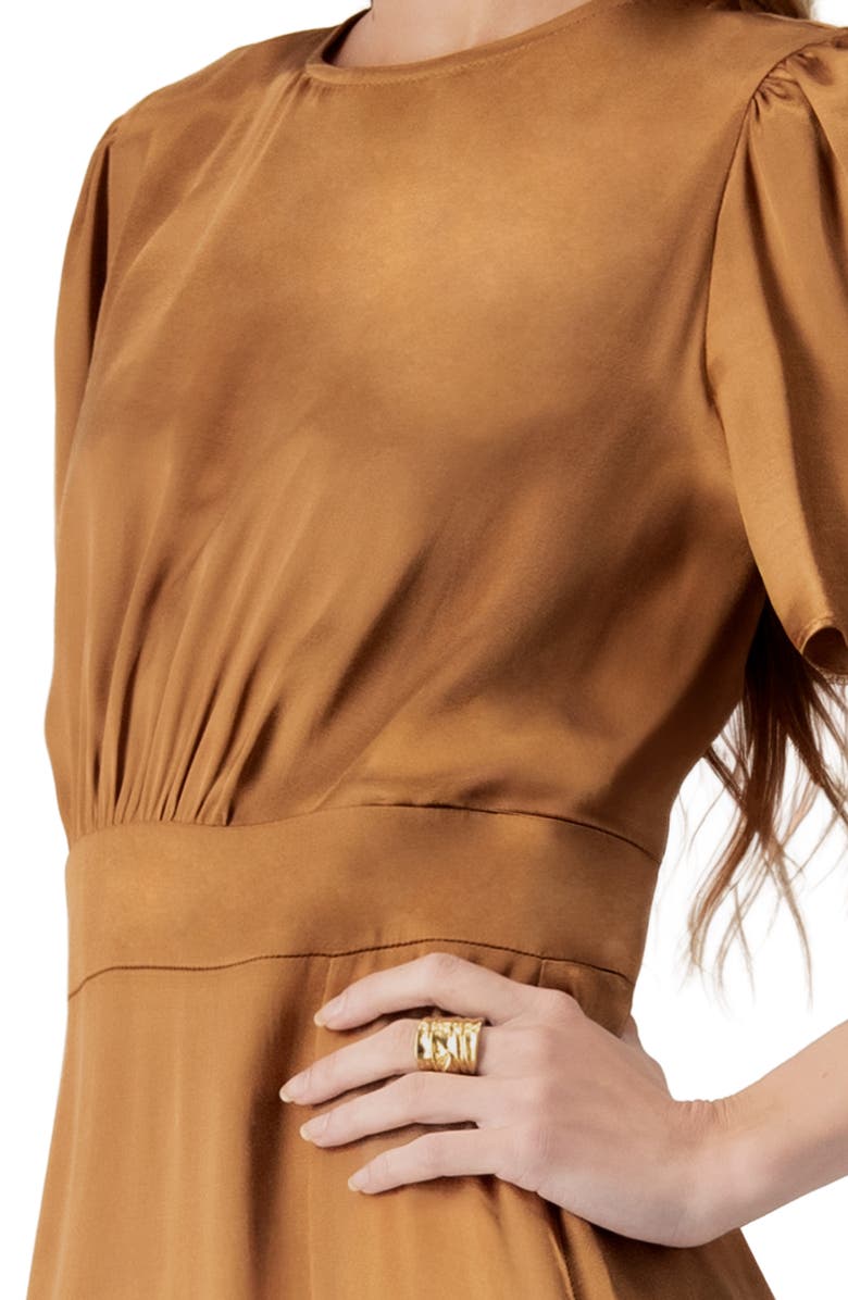 IVONNE Short Sleeve Satin Midi Dress, Alternate, color, Brown