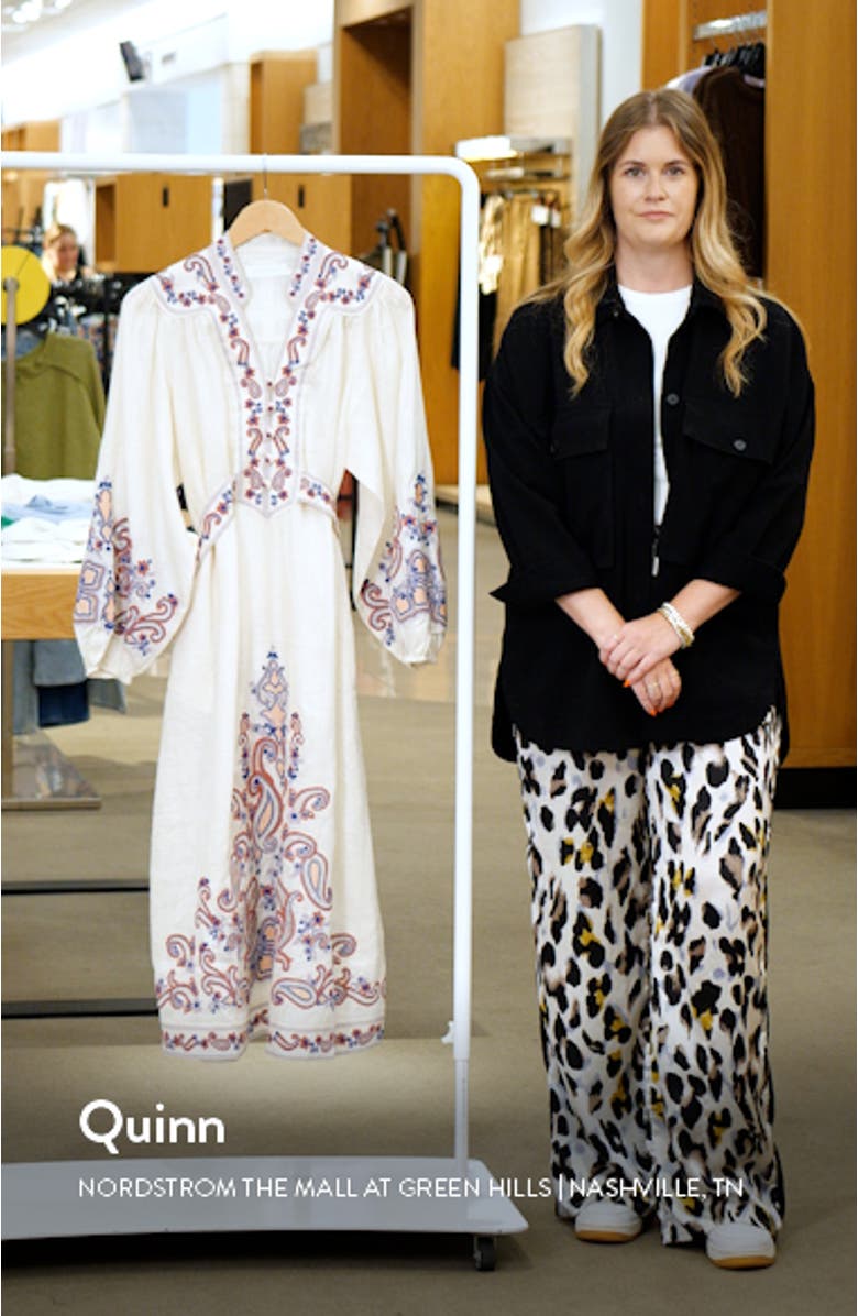 Devi Embroidered Long Sleeve Wrap Linen Midi Dress, sales video thumbnail