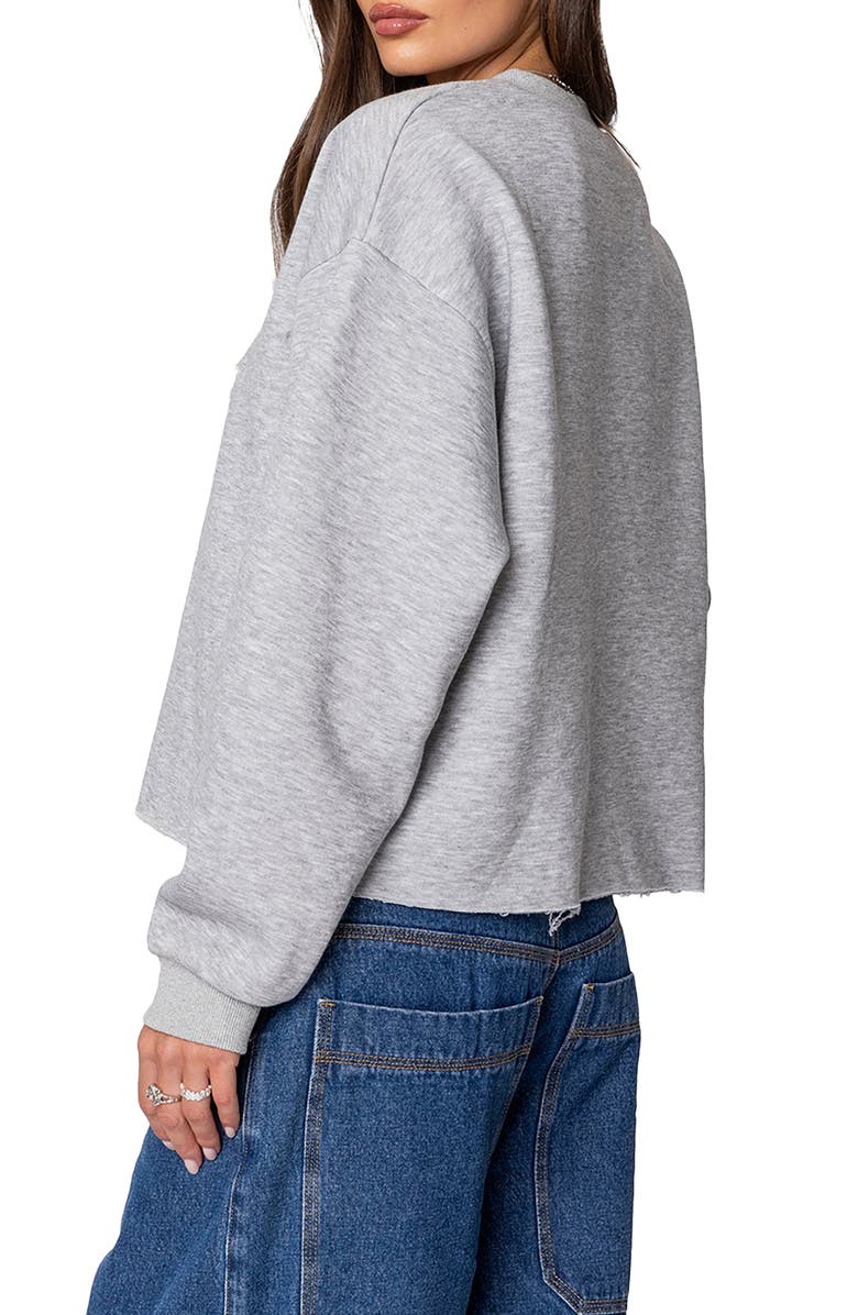 EDIKTED Gingham Star Appliqué Raw Hem Sweatshirt, Alternate, color, Gray-Melange