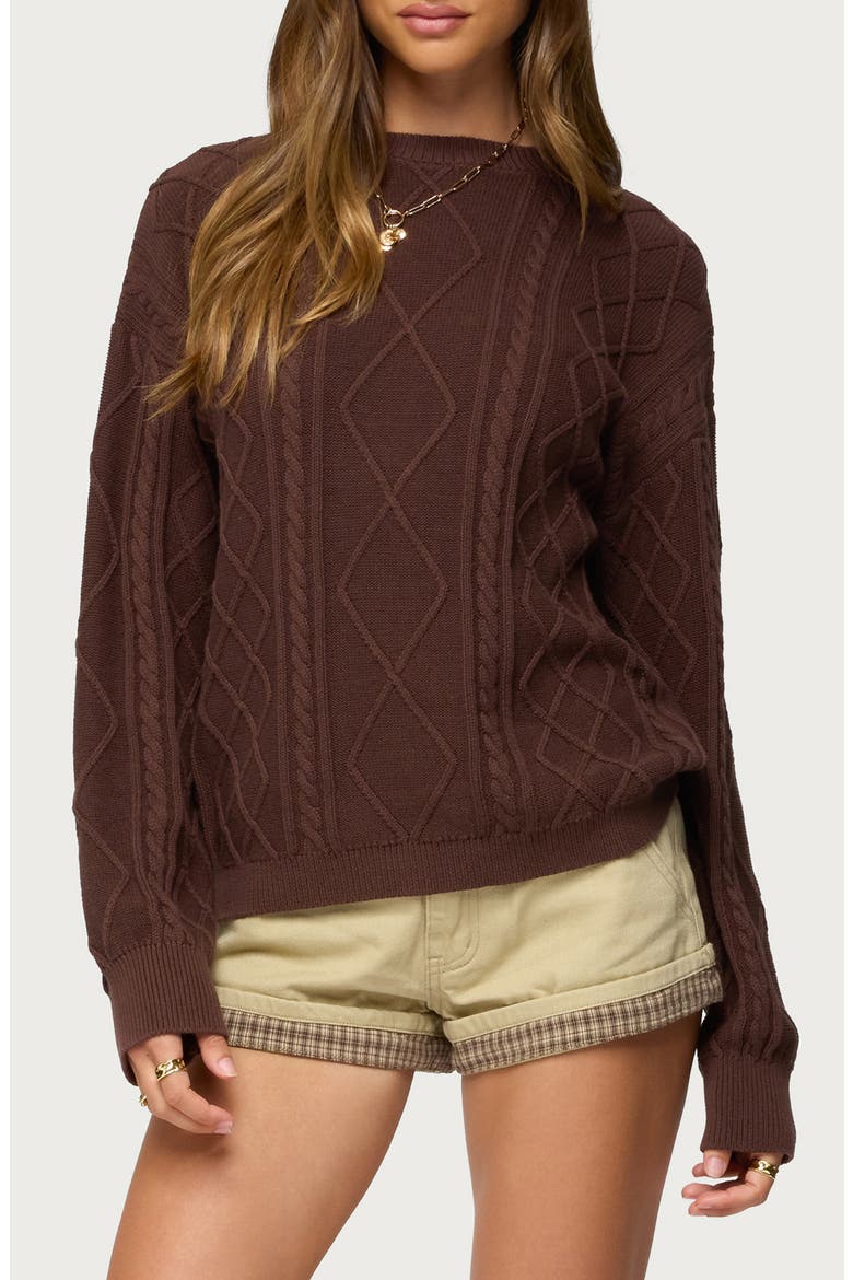 Jessy Oversize Cable Stitch Cotton Sweater, Main, color, BROWN