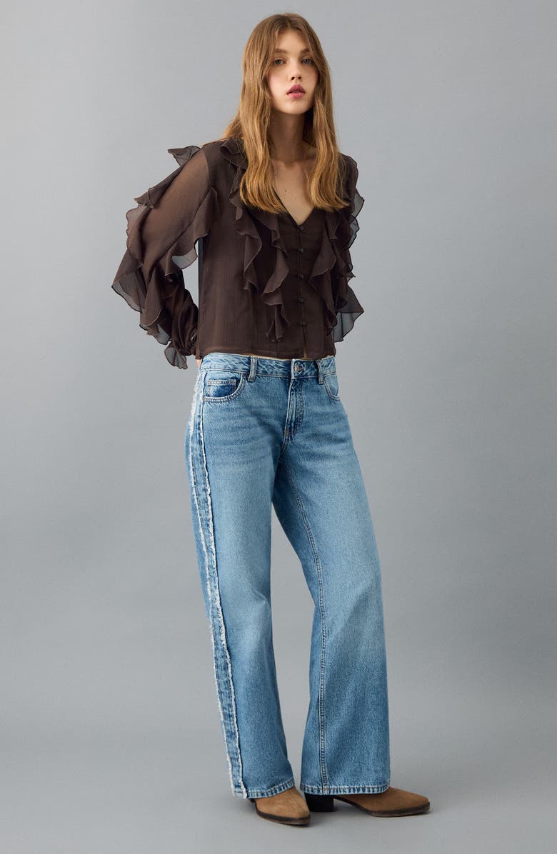 MANGO TEEN Ruffle Front Button Crop Top, Alternate, color, Brown