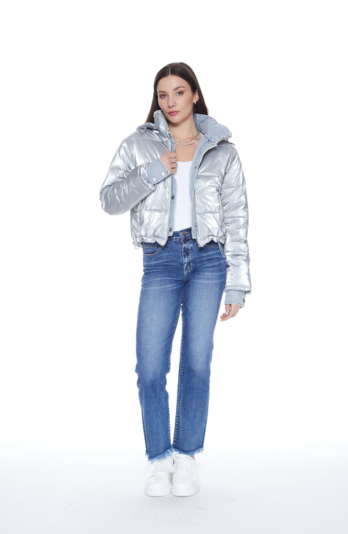 Blue Revival In The Mix Denim Shiny Puffer Jacket In Metallic Silver