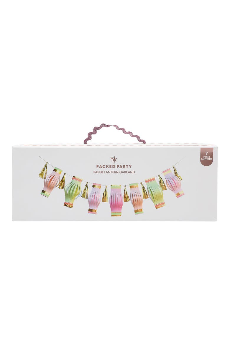 Cabana Club Paper Lantern Garland - 7 Pastel Lanterns with Gold Foil Details, 8 Gold Tassels, and 100-Inch Gold Ribbon, Alternate, color, Multicolor