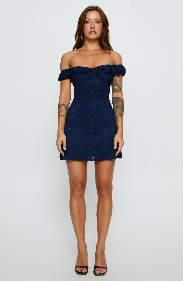 Princess Polly Anabeila Off the Shoulder Lace Minidress, Alternate, color, Navy