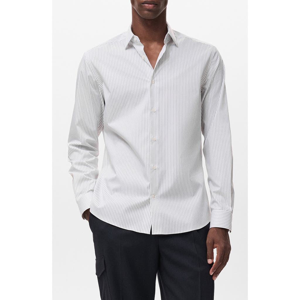 Mango Regular Fit Stripe Stretch Cotton Blend Button-up Shirt In Blue