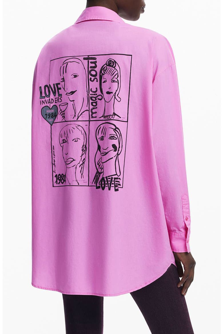 Graphic Oversize Cotton Button-Up Shirt, Alternate, color, PINK