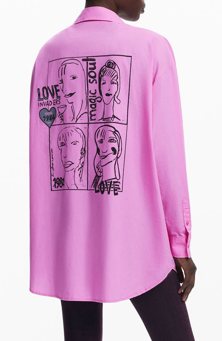 Desigual Graphic Oversize Cotton Button-Up Shirt, Alternate, color, Pink