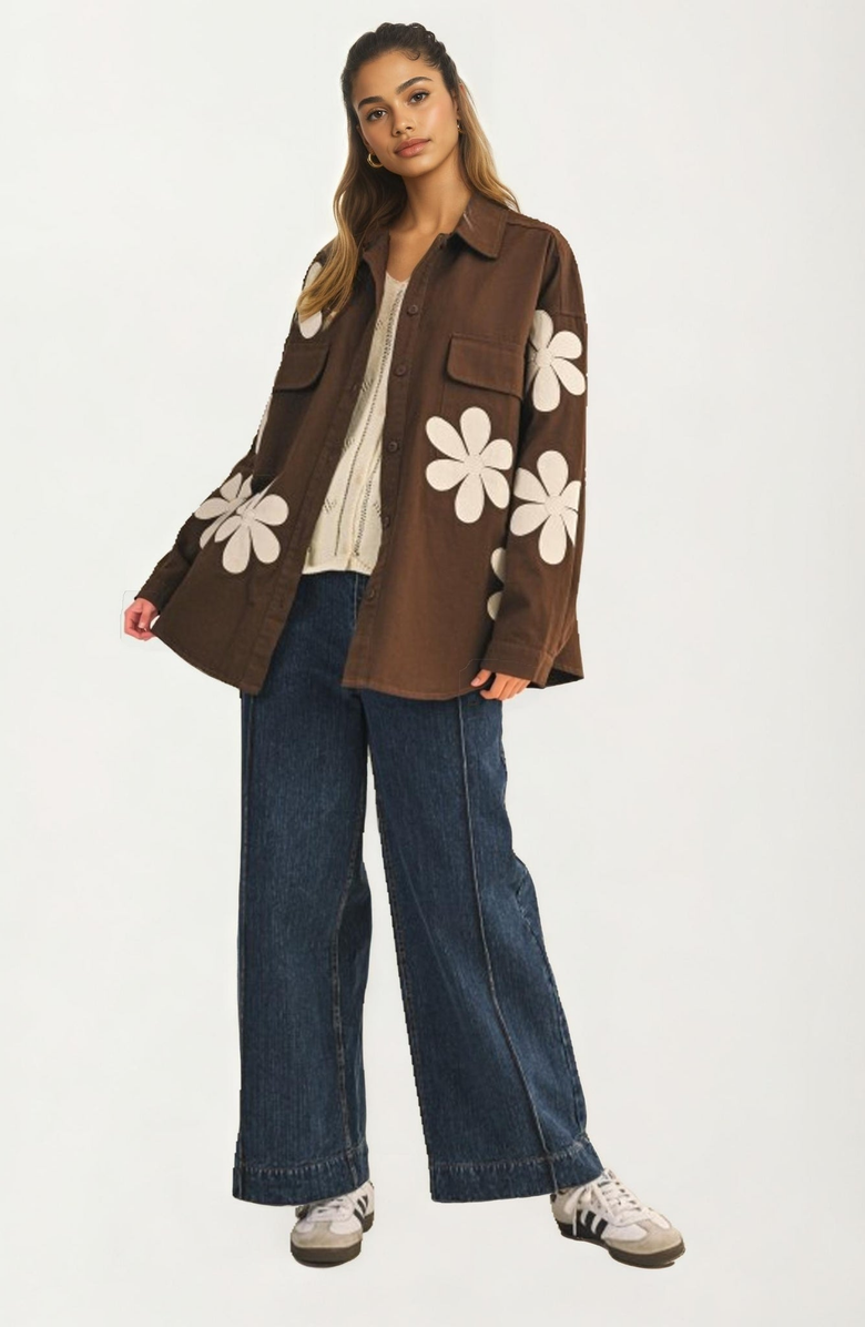 Knit and Lounge Button-Up Floral Appliqué Shirt Jacket, Alternate, color, 