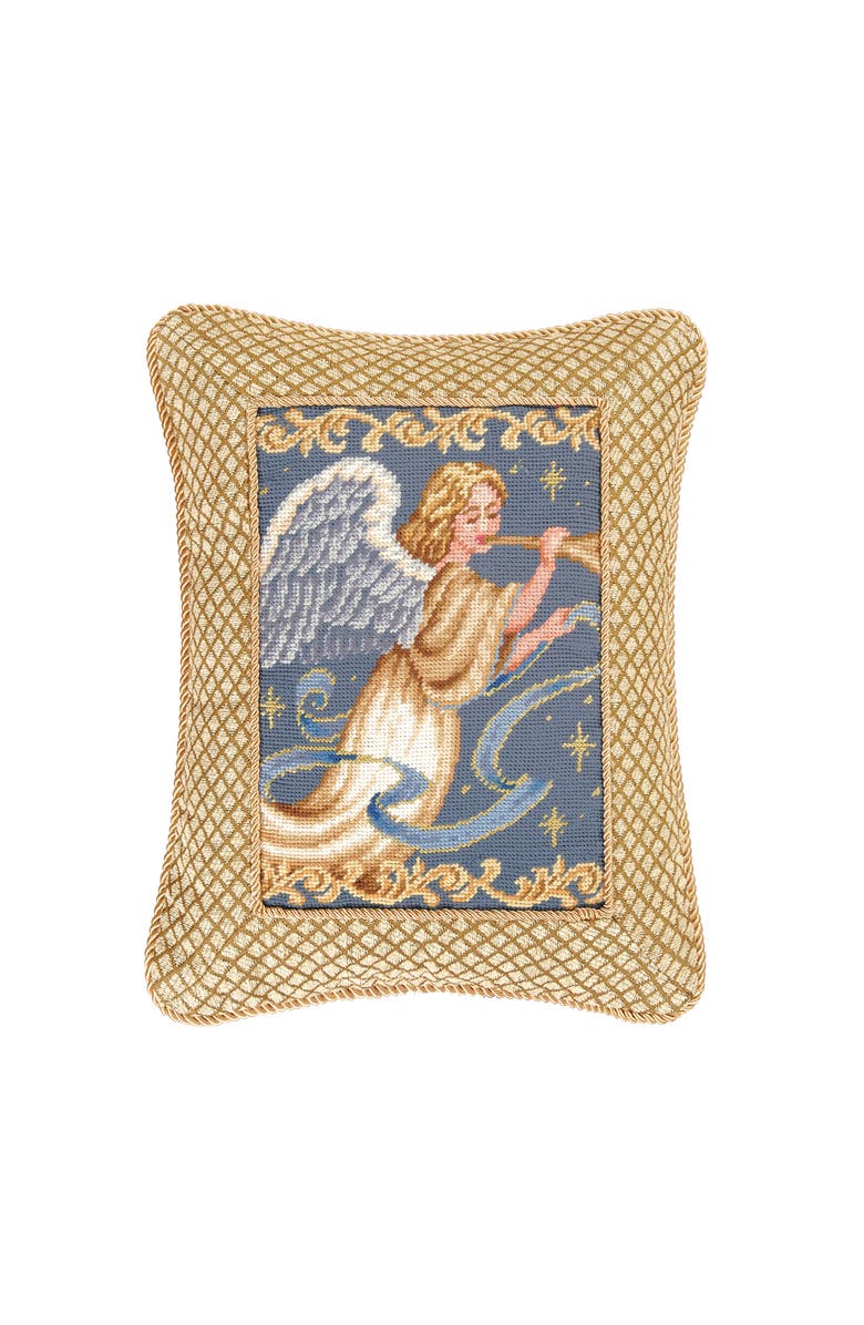 C&F Home Christmas Angel Wings w/ Trumpet Horn Mini Cotton Blend Gold Accent Pillow 14" x 18", Main, color, Blue