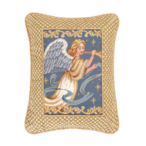 Christmas Angel Wings w/ Trumpet Horn Mini Cotton Blend Gold Accent Pillow 14" x 18"
