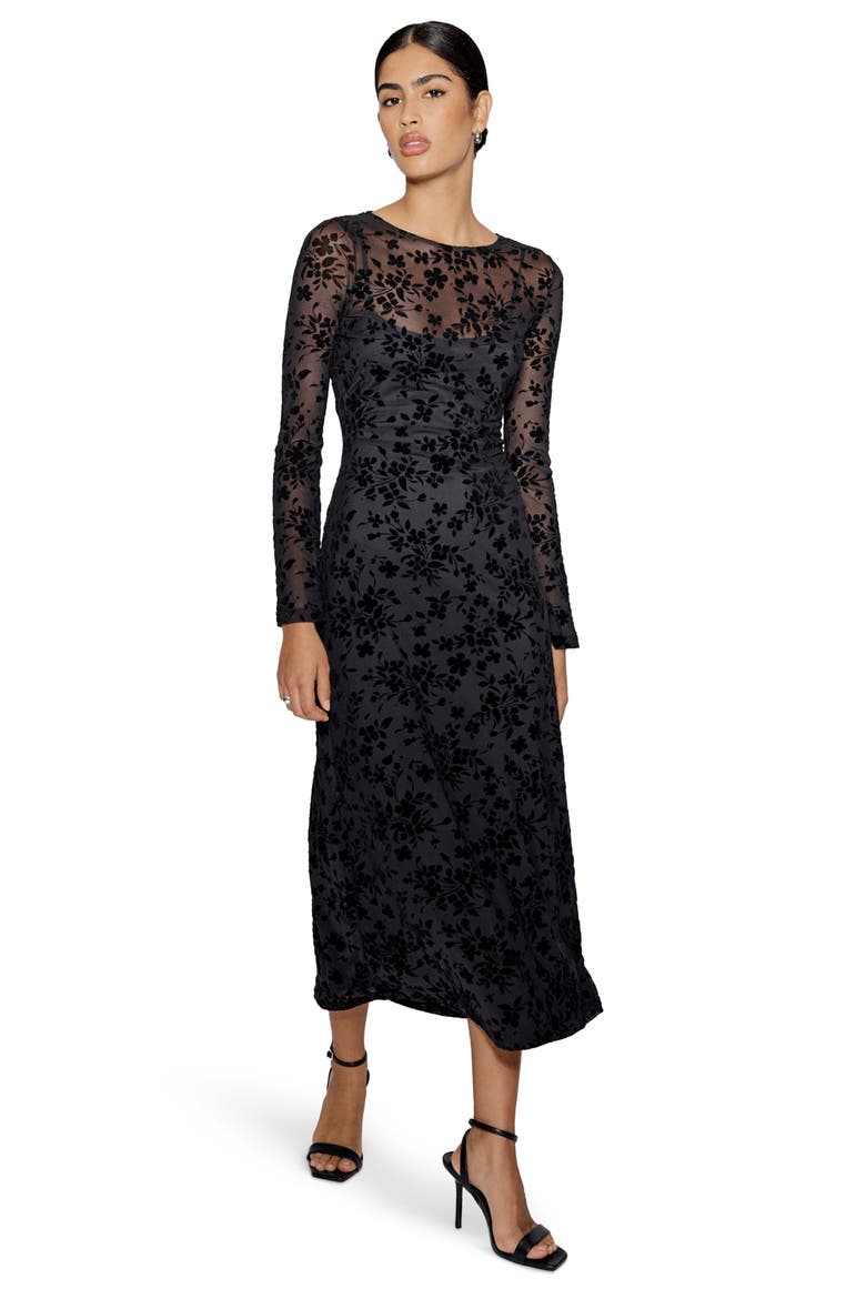 Clarissa Floral Devoré Long Sleeve Midi Dress, Alternate, color, BLACK