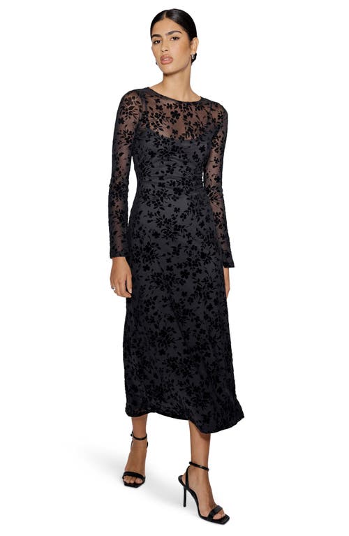 Nobody's Child Clarissa Floral Devoré Long Sleeve Midi Dress In Black