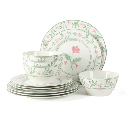 Maiden Crown 12-Piece Vegan Bone China Dinnerware Set, Floral Plates & Bowls, Service for 4