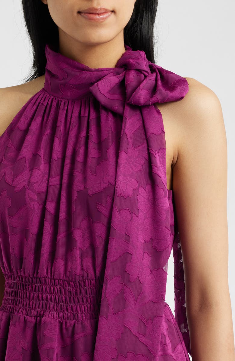 Anne Klein Floral Jacquard Asymmetric Tiered Midi Dress, Alternate, color, Beet