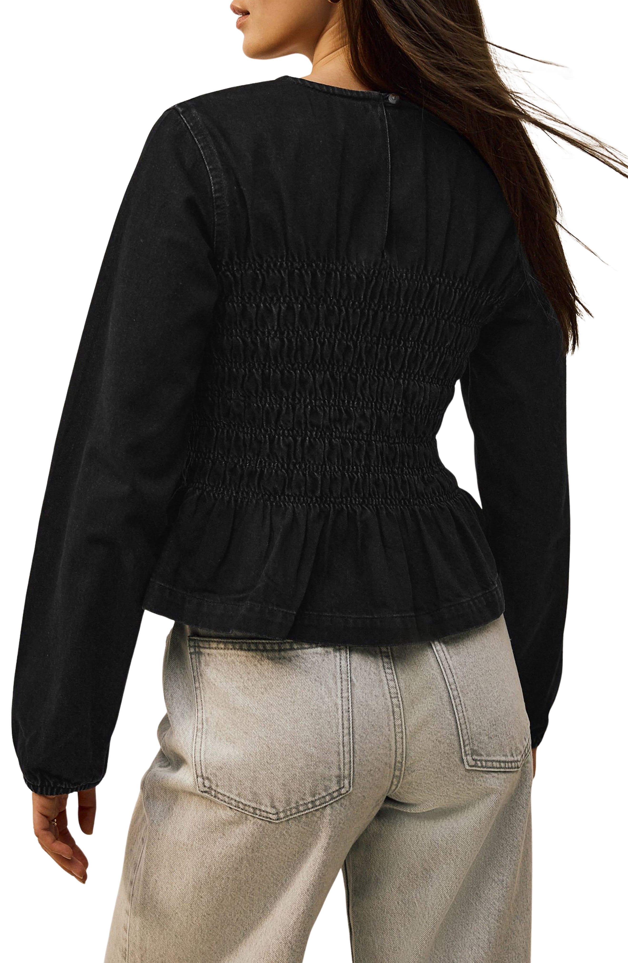Smocked Peplum Cotton Denim Top - image 2