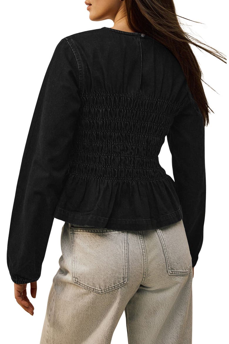 Smocked Peplum Cotton Denim Top, Alternate, color, BLACK