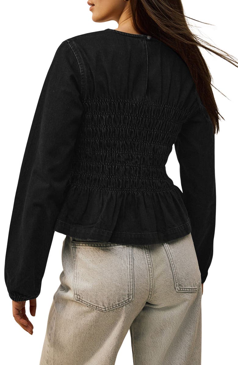 NEXT Smocked Peplum Cotton Denim Top, Alternate, color, Black