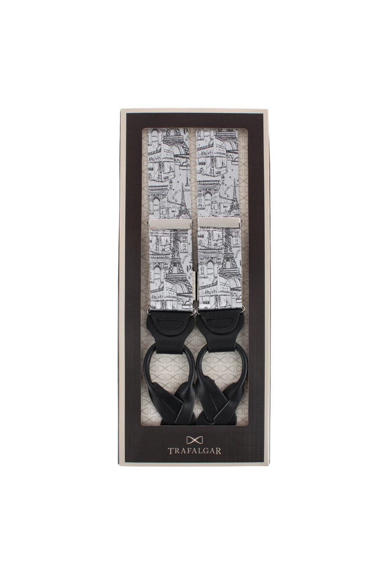 Paris Cityscape Escape Silk Novelty Button End Suspenders, Alternate, color, Silver