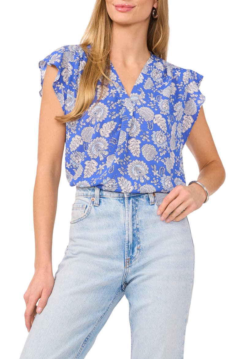 V-Neck Flutter Sleeve Top, Main, color, DEEP AZURE