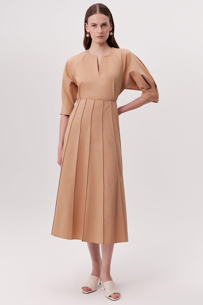 Karlie Fitted Multi Panel Flared Midi Skirtt, Main, color, Camel