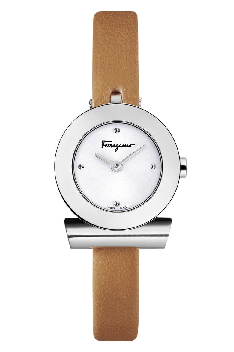 Salvatore Ferragamo Gancino Leather Bracelet Watch, 22mm, Main, color, BROWN/ SILVER