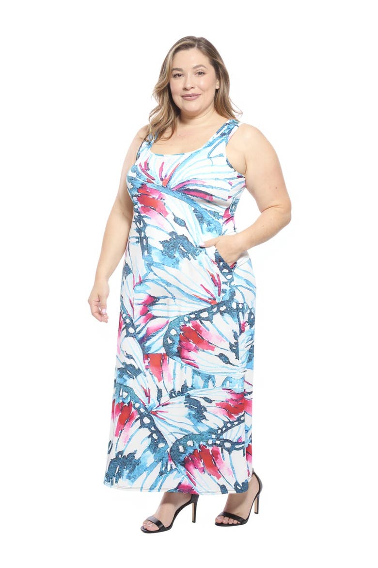 Plus Size Butterfly Sleeveless Scoop Neck A-Line Pocket Maxi Dress, Alternate, color, Blue Multi