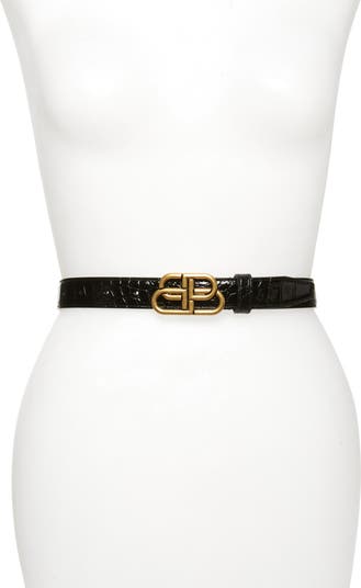 Balenciaga Double B Logo Buckle Croc Embossed Leather Belt