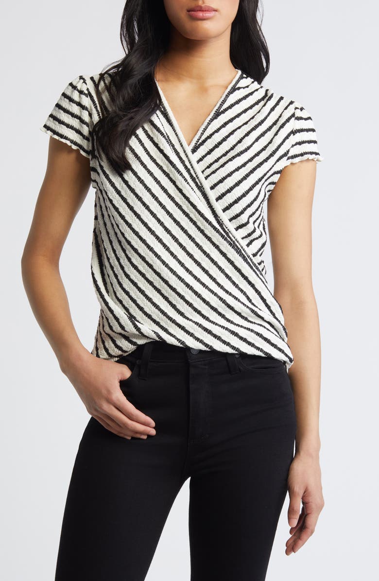 Loveappella Stripe Wrap Knit Top, Main, color, Black/ Nat