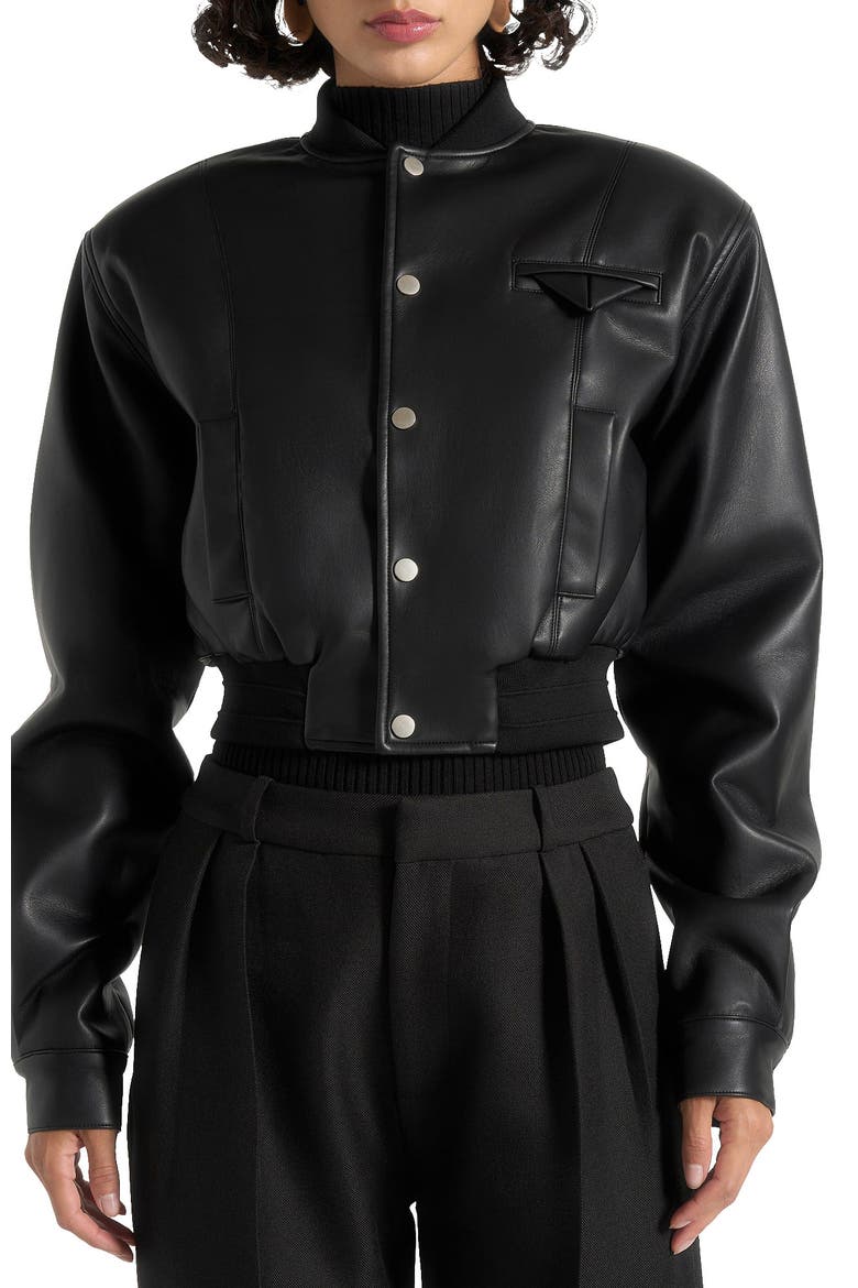 Zina Leather Wide Shoulder Bomber Jacket, Main, color, Black