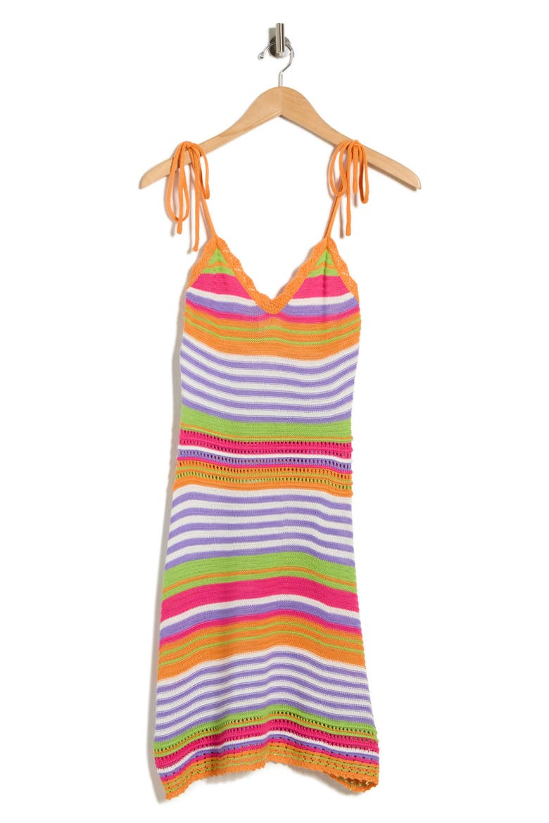 Stripe Tie Strap Pointelle Sweater Dress, Alternate, color, BRIGHT ORANGE COMBO