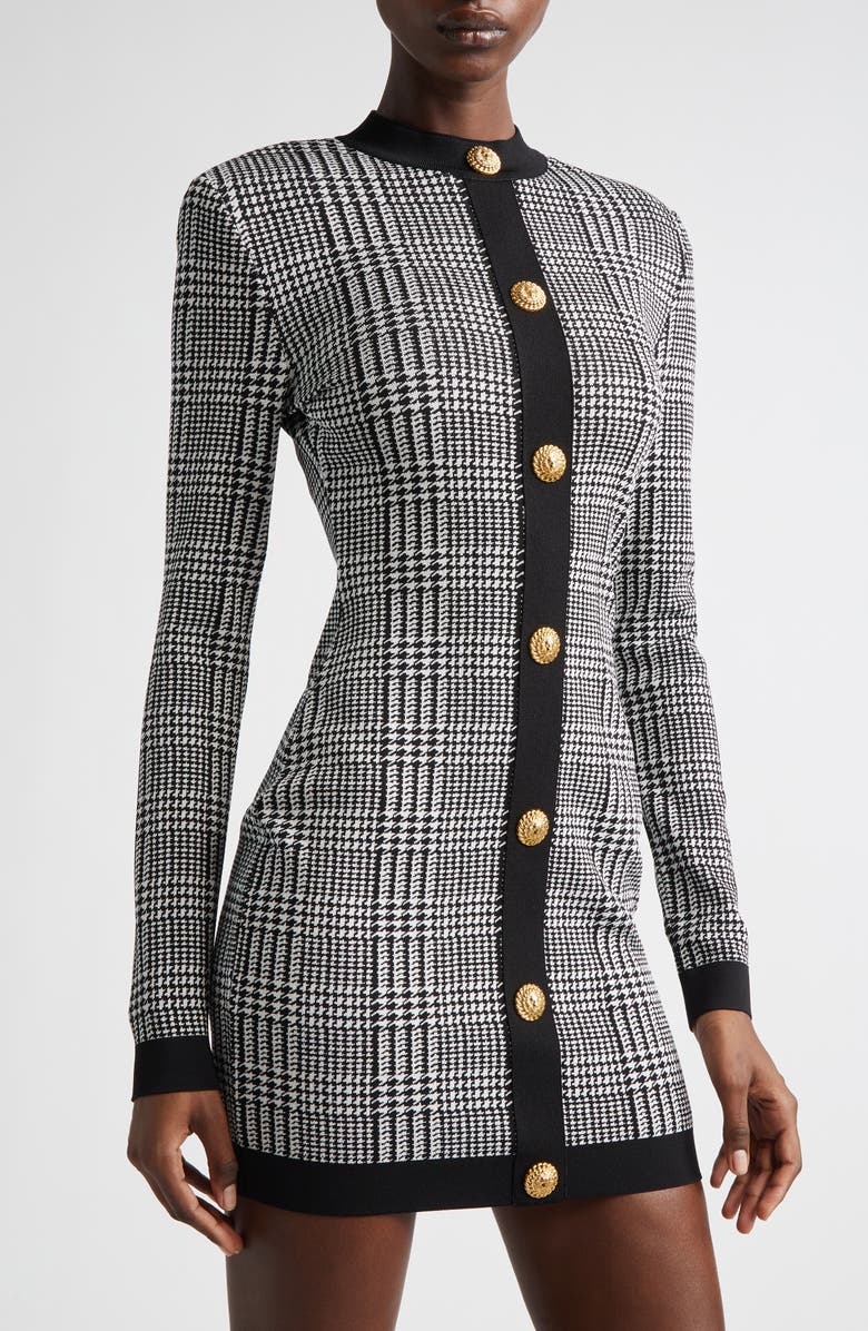 Balmain Prince of Wales Long Sleeve Sweater Dress, Alternate, color, Black/ Natural