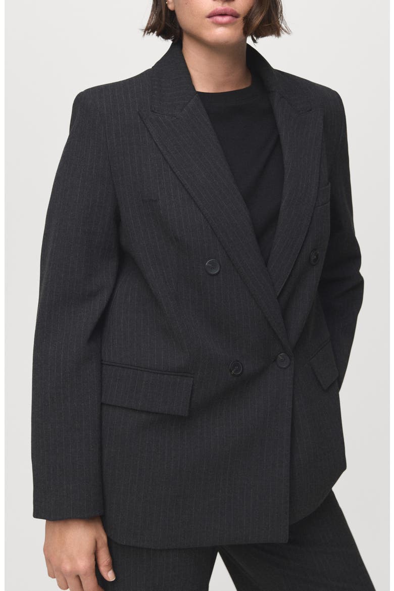 Pinstripe Double Breasted Blazer, Main, color, DARK HEATHER GREY