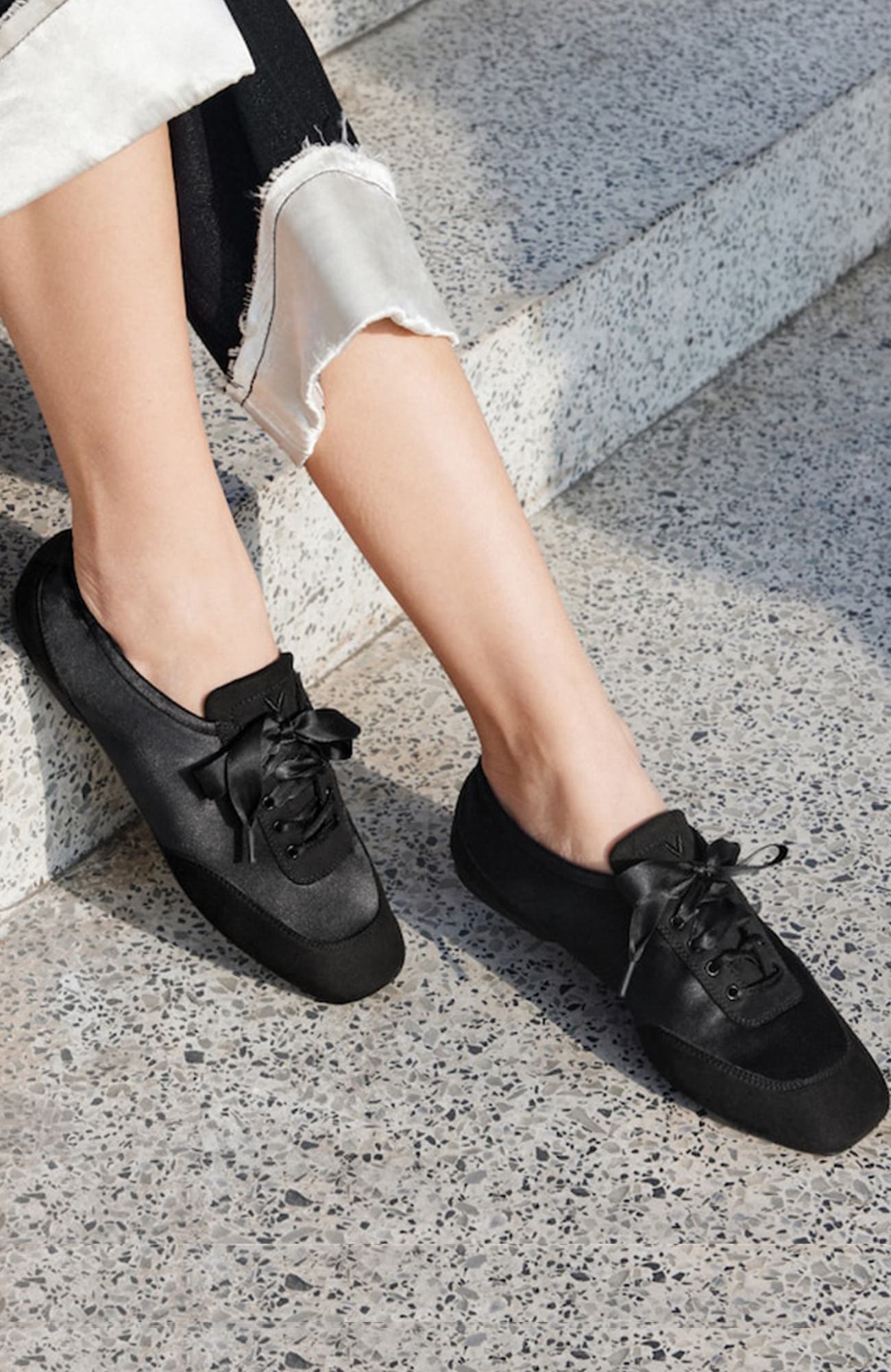 Cristina Square-Toe Lace-Up Satin Sneakerina, Alternate, color, Black