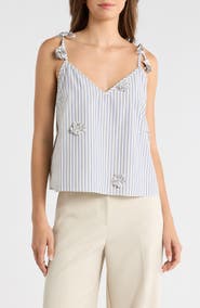 MAUDE CLUB Paige Rosette Detail Stripe Cotton Blend Take
