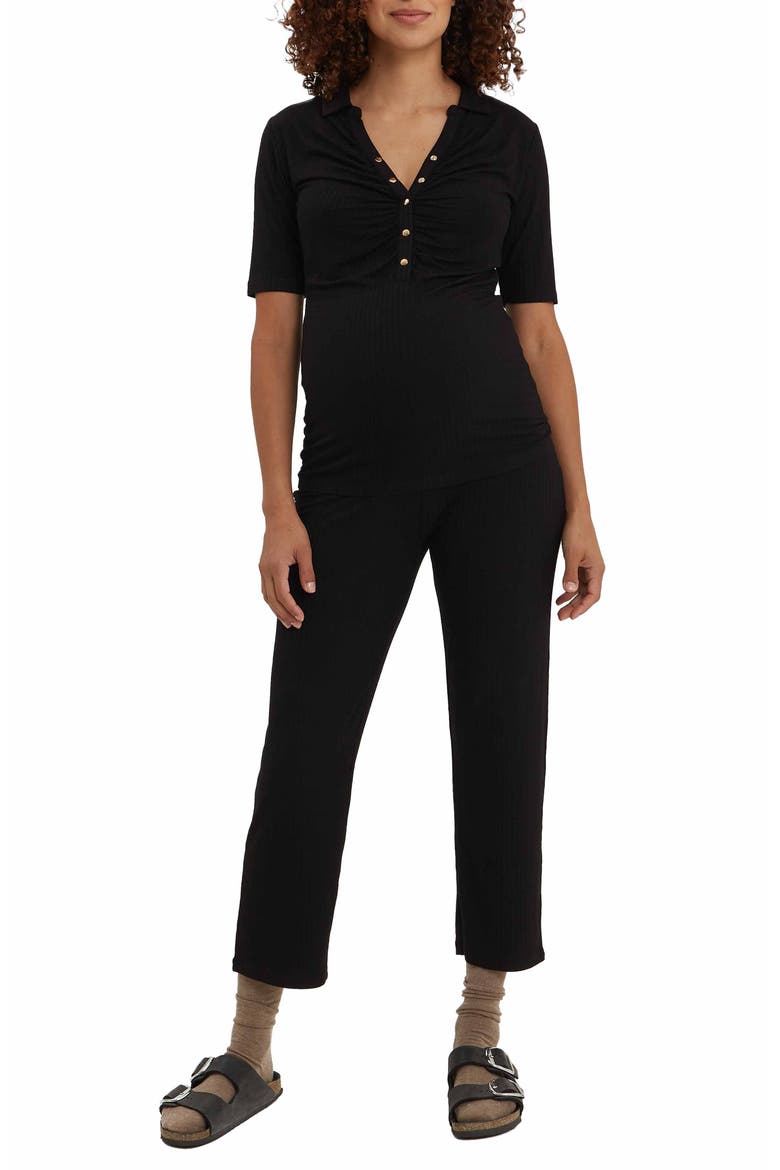 Calista Maternity & Nursing Ribbed Polo Top, Main, color, BLACK