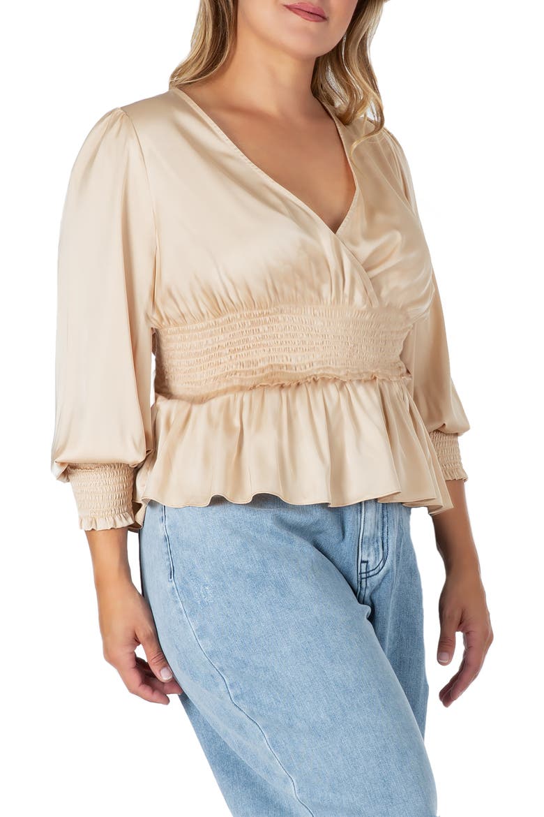 Smocked Peplum Satin Top, Alternate, color, CHAMPAGNE