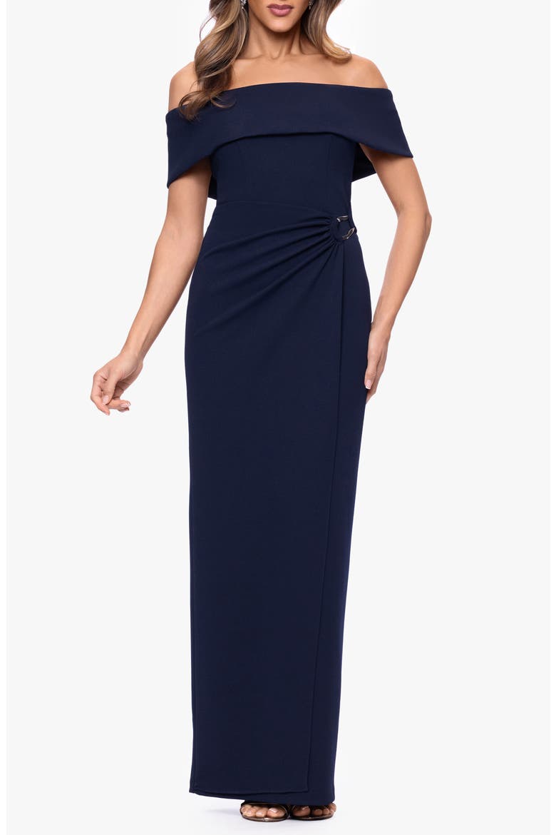 Off the Shoulder Scuba Crepe Gown, Main, color, NAVY