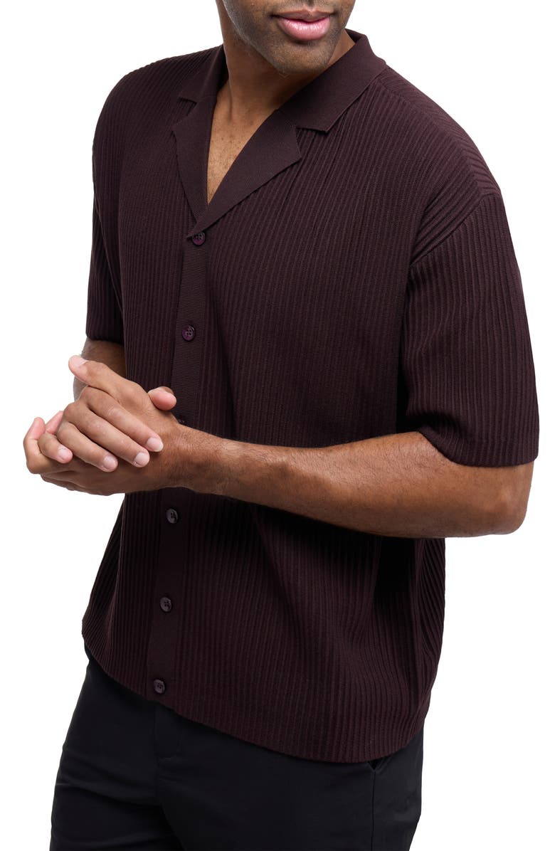 XRAY Ribbed Knit Camp Shirt, Alternate, color, Brown